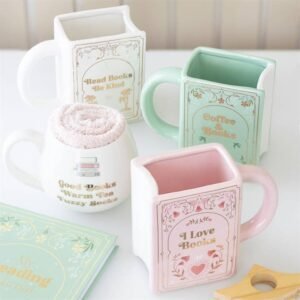i love books pink book shaped mug